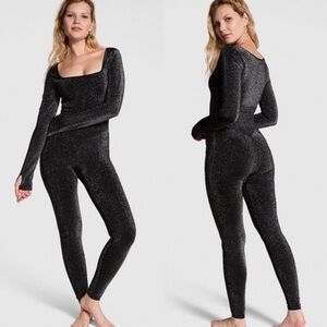PINK Victoria's Secret S Seamless Shimmer Long Sleeve Jumpsuit Black Catsuit NWT